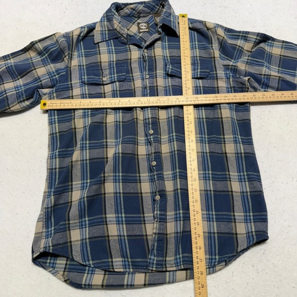 Timberland Men's Medium Flannel Shirt Blue / Beige Plaid 100% Cotton Workwear - Picture 12 of 16